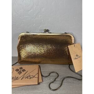 NWT Patricia Nash Gold Metallic Mesh NWT Crossbody Clutch Kiss Lock Chain Strap